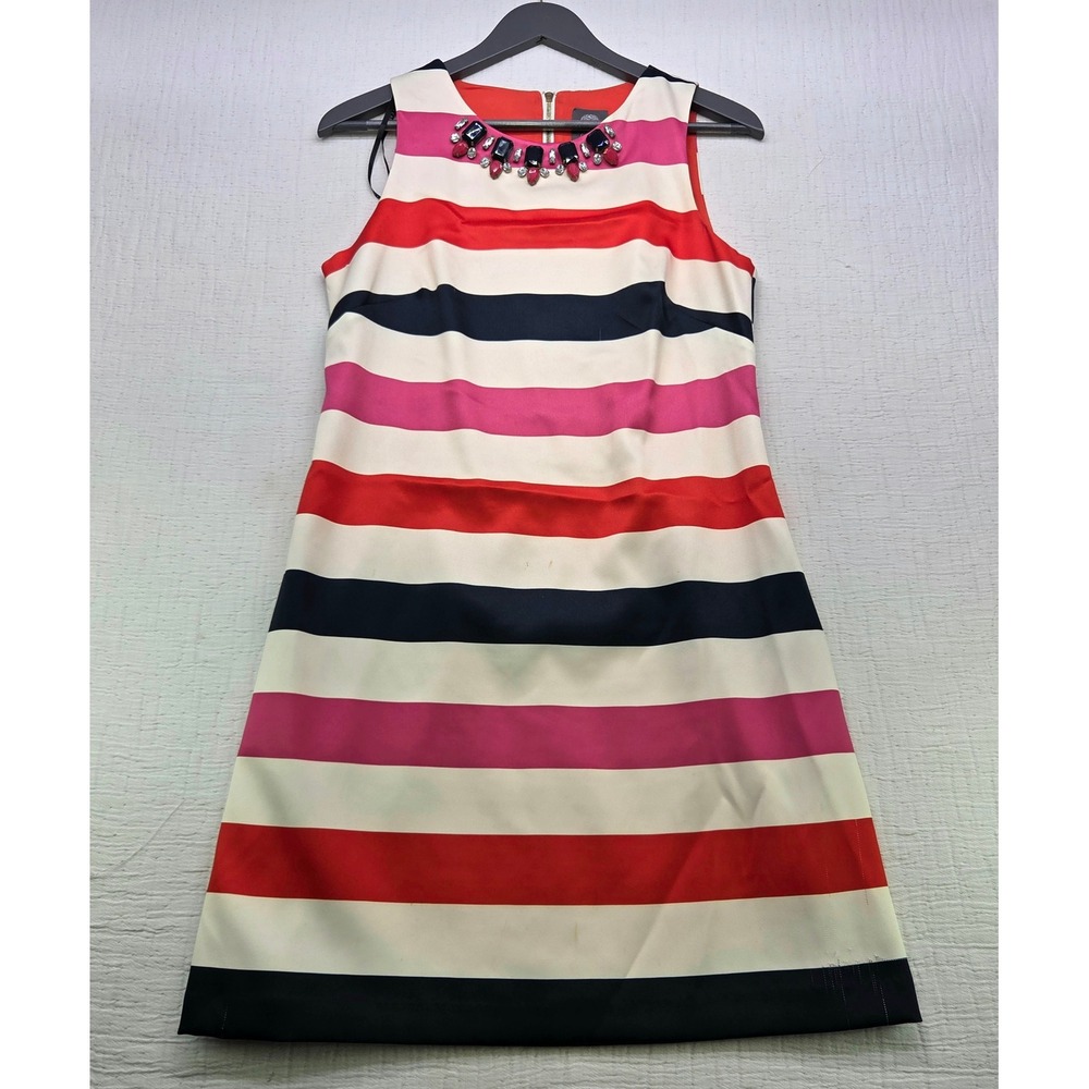 Vince Camuto Embellished Neckline Striped Sheath Dress Pink Red Navy Size 6